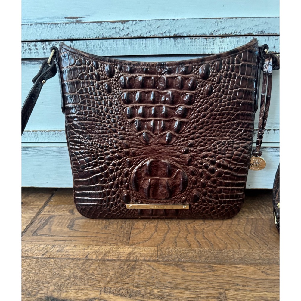 New Brahmin Katie Crossbody Pecan Melbourne Purse Croc Embossed Leather